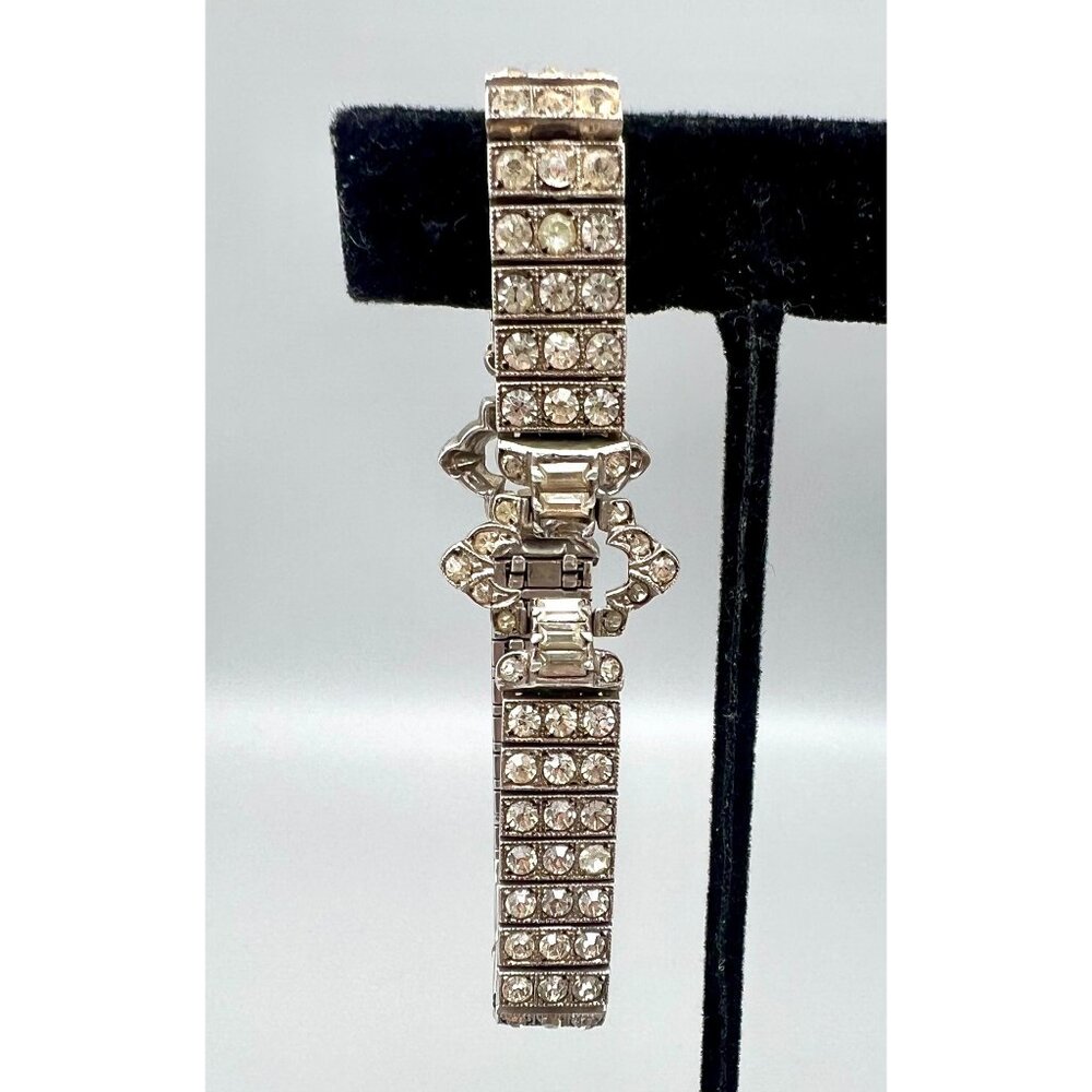 Antique Art Deco Sterling Silver Rhinestone Flexible Bracelet 7"L